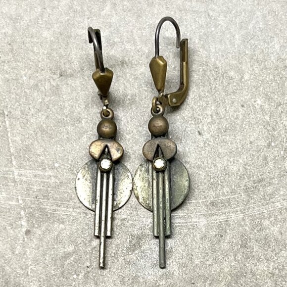 Vtg Handmade Art Deco Drop Pierced Earrings w/Tiny Crystal Accent & Lever Backs - Picture 1 of 4